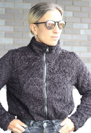 VINTAGE Y2K BLACK FLUFFY TEDDY ZIP UP FLEECE