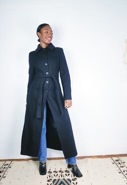 1990s Vintage Minimal Long Black Wool Coat Size S Black Wool