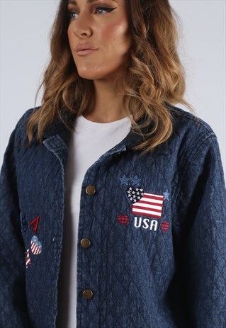 VINTAGE USA DENIM QUILT JACKET LONGLINE UK S 10 (GJ2V)