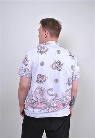 90S ORIENT PRINT DRAGON WHITE SHIRT, SIZE M