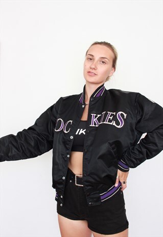 VINTAGE 90S NFL STARTER SATIN COLORADO ROCKIES BOMBER JACKET