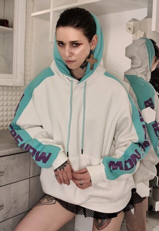 LOOSE FIT OVERSIZE PREMIUM FLUORESCENT SLOGAN HOODIE TOP