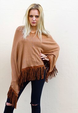 Knitted Poncho with Faux Leather Tassel in Camel
