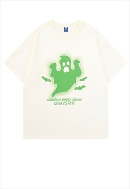 Ghost print t-shirt scary tee retro poster top in cream