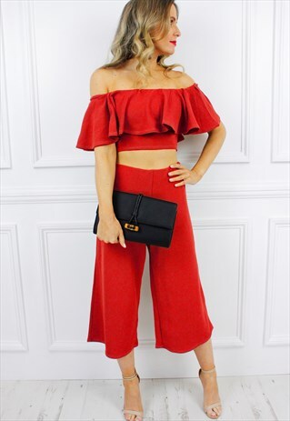 RED BARDOT FRILL RUFFLE CROP TOP CULOTTES PALAZZO SET