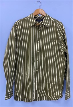 Tommy Hilfiger Shirt Khaki Green White Striped Cotton
