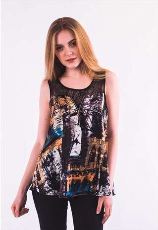 VINTAGE HOUSE PRINT CHIFFON VEST TOP (BROWN)