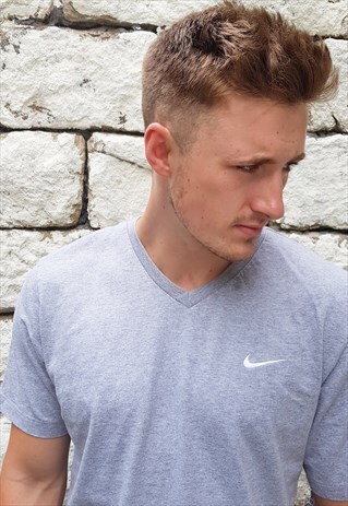 VINTAGE NIKE V NECK T-SHIRT TOP CREWNECK GREY WHITE XL