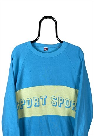 VINTAGE SWEATSHIRT SPORT BLUE STRIPED SPELL OUT MEDIUM
