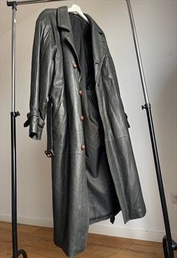 Vintage Dark Grey Oversized Leather Maxi Coat