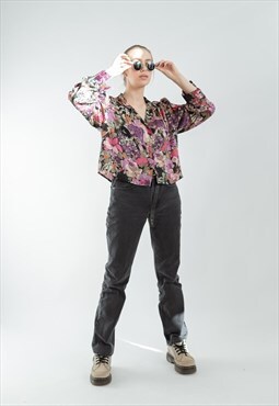Vintage Long Sleeve Boxy Fit Reworked Crop Floral Shirt M