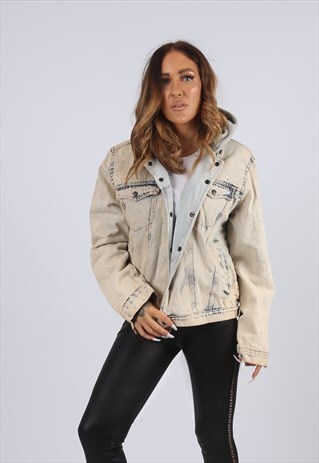 VINTAGE DENIM JACKET OVERSIZED ACID WASH HOOD UK L 14 (J3K)
