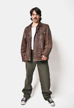 Vintage brown leather jacket 90s Y2K zip up collared bomber
