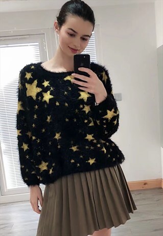 FLUFFY MULTI STARS PRINT CHRISTMAS JUMPER IN YELLOW