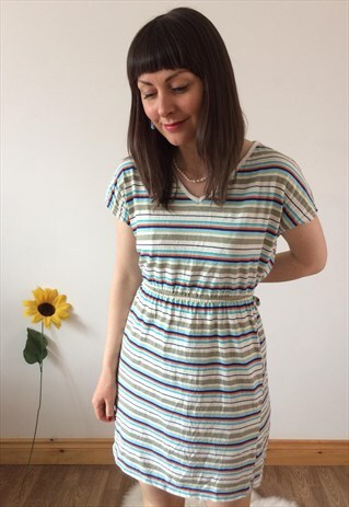 VINTAGE 90S WHITE WITH STRIPES SKATER DRESS