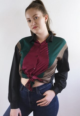 WOMENS VINTAGE 80S BLOUSE METALLIC STYLE SHINY SHIRT TOP