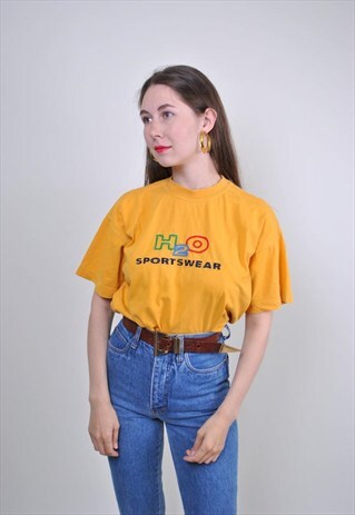 80S VINTAGE YELLOW SPORT TSHIRT WITH LOGO EMBROIDERY, SIZE M