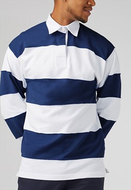 54 Floral Striped Long Sleeve Rugby Shirt - White/Navy Blue