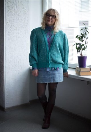 VINTAGE 80'S GREEN RIBBED GLOSSY CARDIGAN