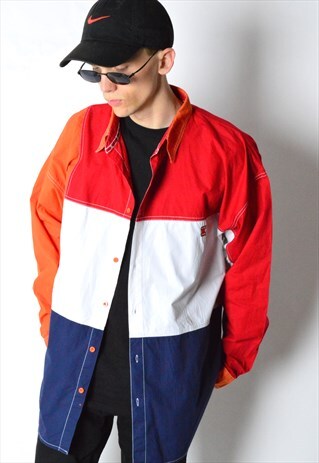 VINTAGE 90S RED COLOUR BLOCK LONG SLEEVE SHIRT