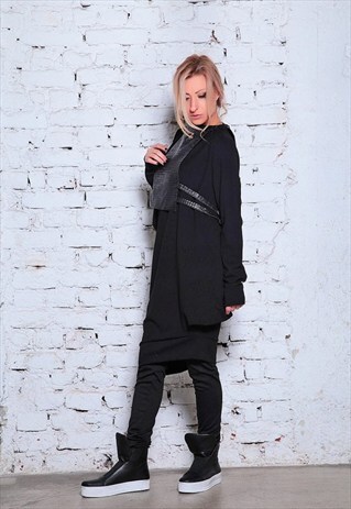 SWEATER TUNIC/ BLACK LEATHER DRESS/ PUNK DRESS