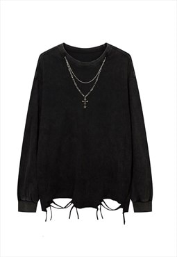 Distressed long sleeve t-shirt chain attachment top in black