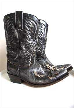 Vintage Black Genuine Leather Biker Boots Shoes Cowboy boots