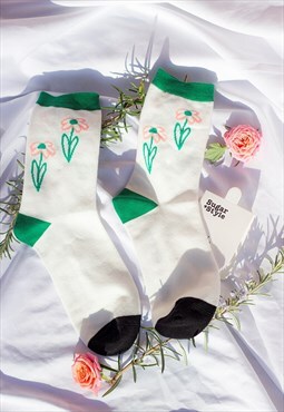 Pink Green Black Illustrated Floral Duo Socks