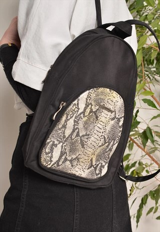 VINTAGE PATENT FAUX SNAKESKIN BACKPACK BAG IN BLACK