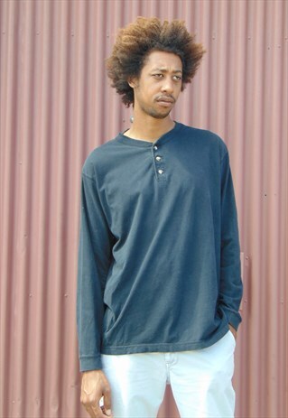 90S SKATER LONG SLEEVE FADED BLACK HENLEY SHIRT LARGE