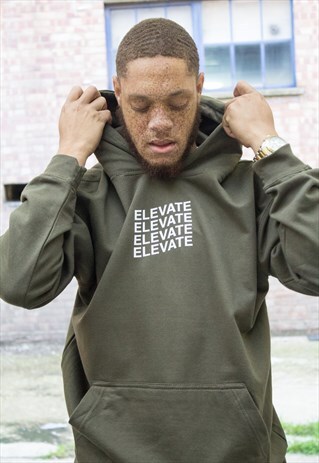 HOODIE IN OLIVE GREEN WITH WHITE ELEVATE PRINT