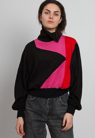 VINTAGE BLACK PINK TURTLE ROLL NECK PULLOVER SWEATSHIRT