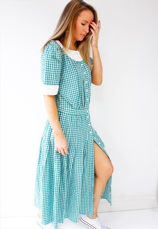 VINTAGE 80'S GREEN PLAID WHITE LACE COLLAR MAXI SHIRT DRESS
