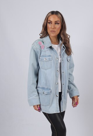 VINTAGE Y2K DENIM JACKET FLORAL EMBROIDERED UK 16 XL (G53W)
