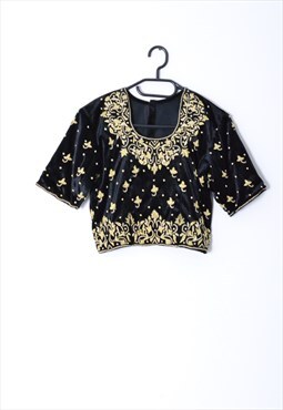 Vintage 60s Black Gold Embroidered Velvet Cropped Top