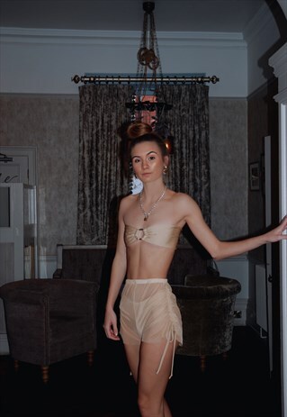 BEIGE MESH RUCHED SHORTS