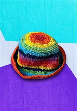 Vintage Multicoloured Rainbow Crochet Bucket Hat 