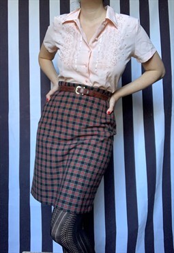 Vintage 70s red green tartan pencil skirt, wool UK12 Revival