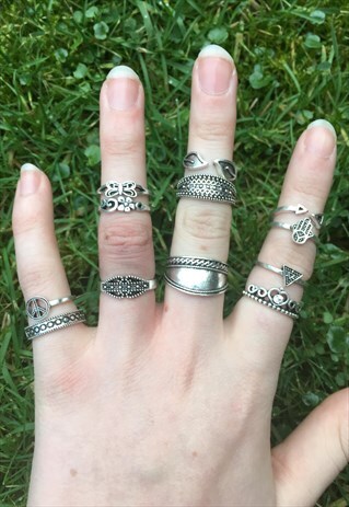 WOMENS BOHO AZTEC SILVER COLOUR SET OF 12 RINGS MIDI RING
