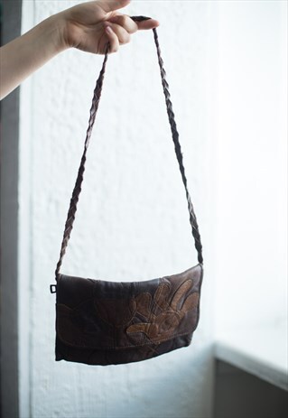 VINTAGE 80'S BROWN LEATHER PATCHES SHOULDER BAG