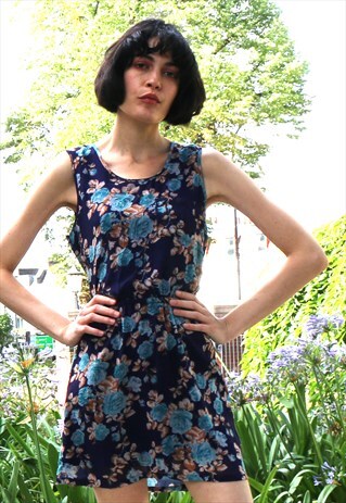 VINTAGE BLUE FLORAL PRINT DAILY DRESS IN BLUE CY