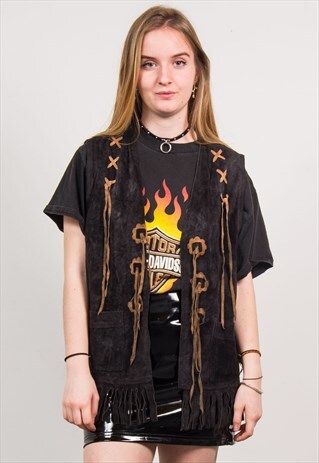 VINTAGE 90'S BLACK TASSEL FRINGE SUEDE WAISTCOAT