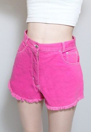 VINTAGE 1990'S BRIGHT PINK FRAYED DENIM SHORTS
