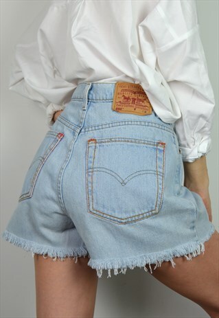 VINTAGE LEVI'S LIGHT BLUE DENIM HIGH WAIST FRAYED SHORTS