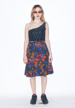 Vintage Y2K floral print velvet midi skirt in multi color