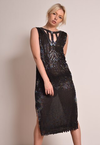 VINTAGE 90S DOES 20S STYLE FLAPPER DRESS IN BLACK BEADS