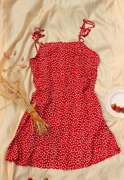 Red Tie Shoulder Micro Floral Print Day Dress