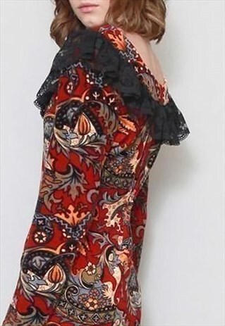 VINTAGE 1970'S CARPET PRINT SOFT VELVET RUFFLED MIDI DRESS