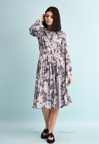90'S GOES 70'S RETRO ABSTRACT FLORAL PRINT MIDI DRESS