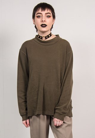 VINTAGE 90'S GREEN STRIPED HIGH NECK LONG SLEEVE T-SHIRT